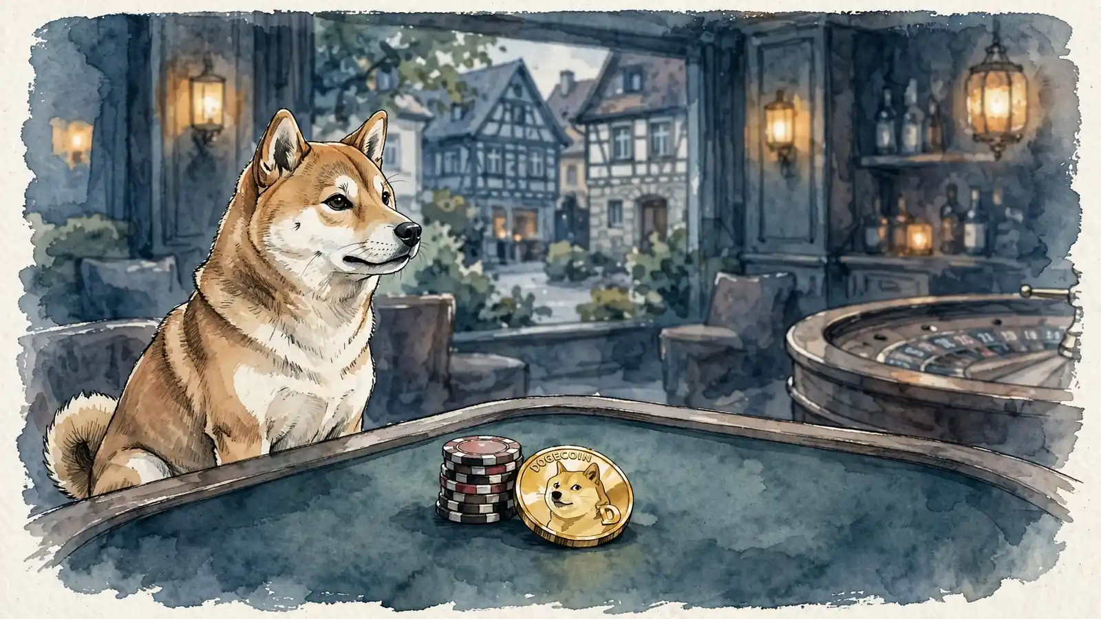 Shiba Inu Hund am Casino-Tisch mit Pokerchips und glänzender Dogecoin-Münze.