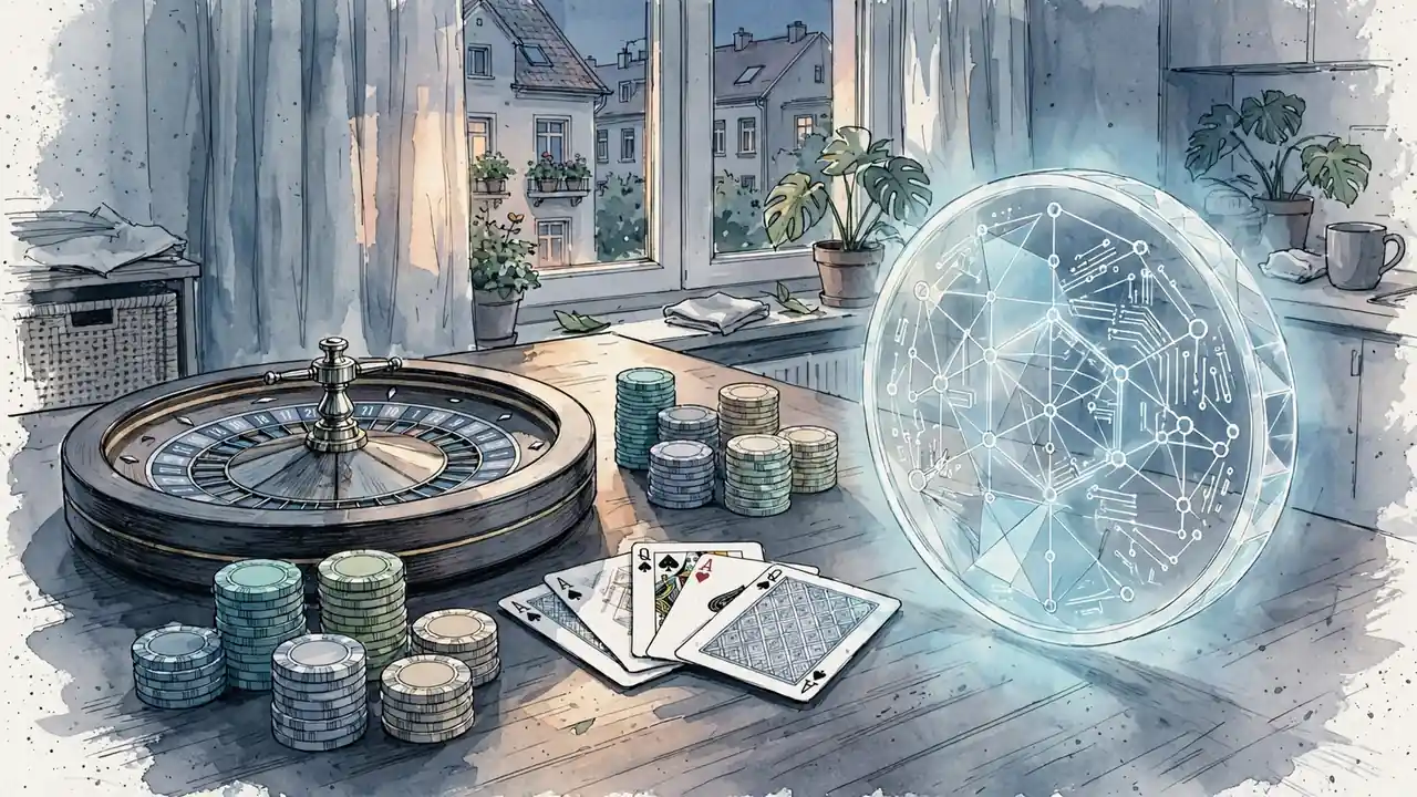 Roulette, Casino-Chips, Spielkarten und ein leuchtender Krypto-Token auf einem Holztisch