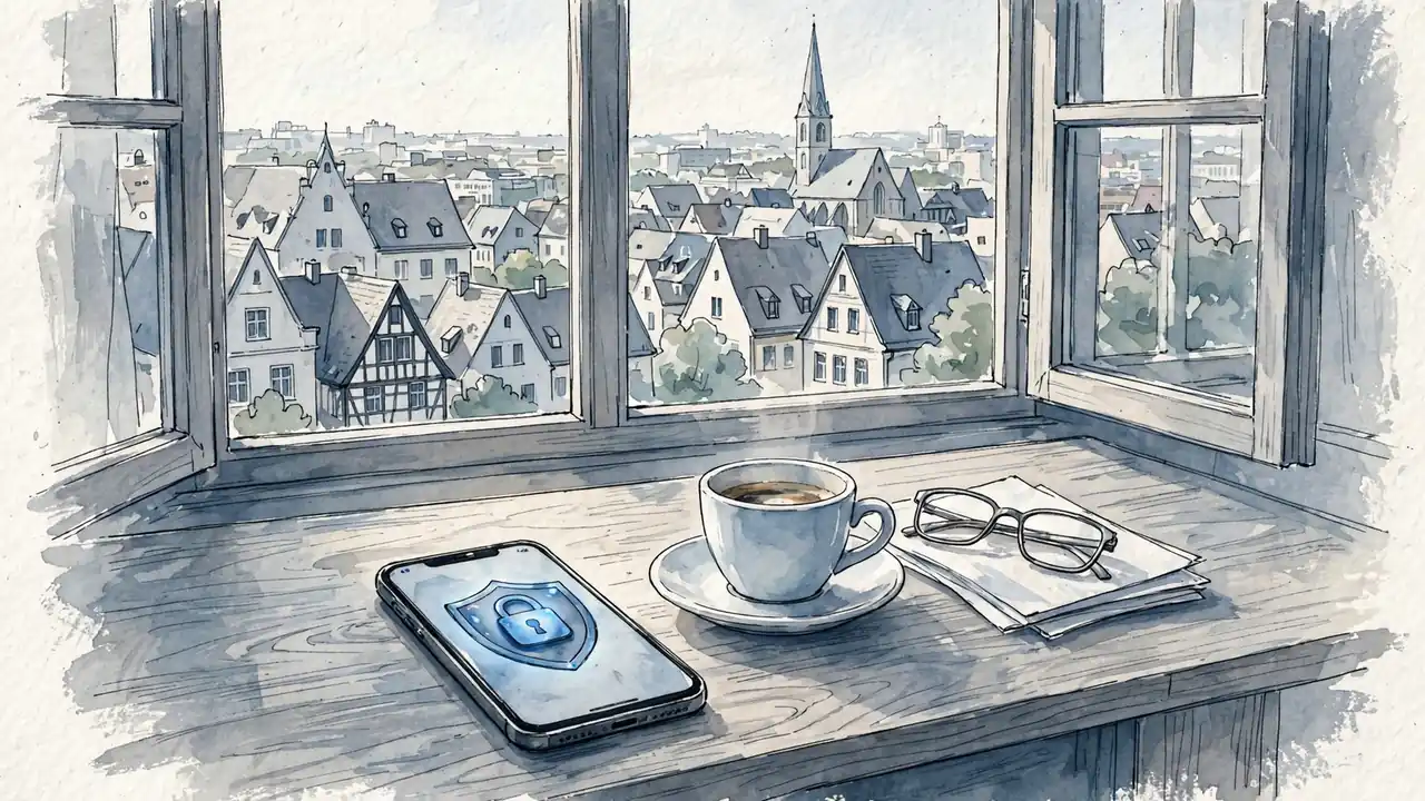 Smartphone mit Schlosssymbol auf Holztisch, deutsche Dächer und Kirchturm im Fenster