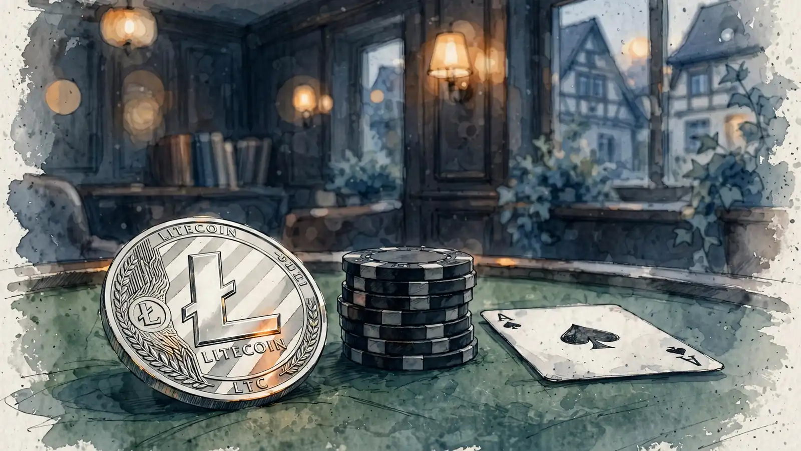 Litecoin-Münze neben Casino-Chips und Spielkarte auf grünem Filz