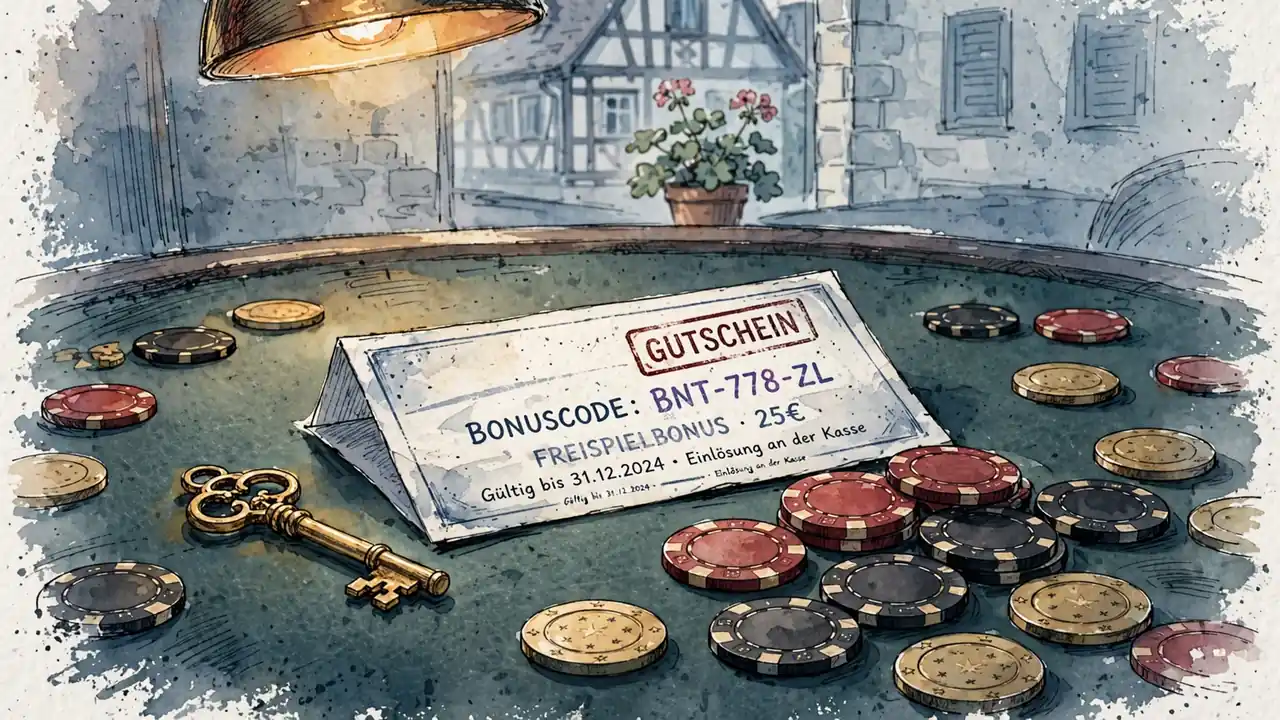 Gutschein mit Code auf Casino-Tisch mit Chips und Schlüssel