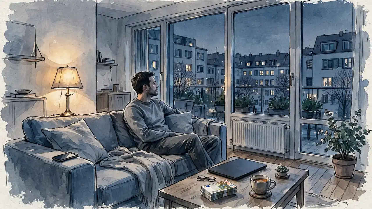 Abendliche Szene in einer deutschen Wohnung mit Laptop, Smartphone und Euro-Scheinen auf dem Tisch.