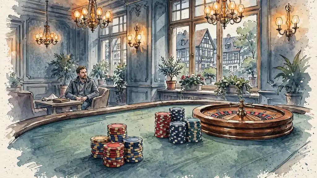 Eleganter Spieltisch mit gestapelten Pokerchips und Roulette im warm beleuchteten Casinoambiente.