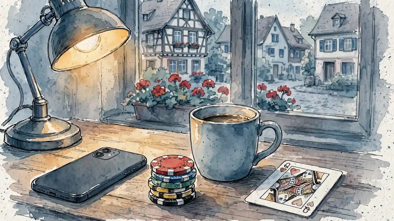 Kleiner Stapel Spielchips auf einem Holztisch neben Kaffeetasse und Spielkarte in gemütlichem deutschen Wohnzimmer.