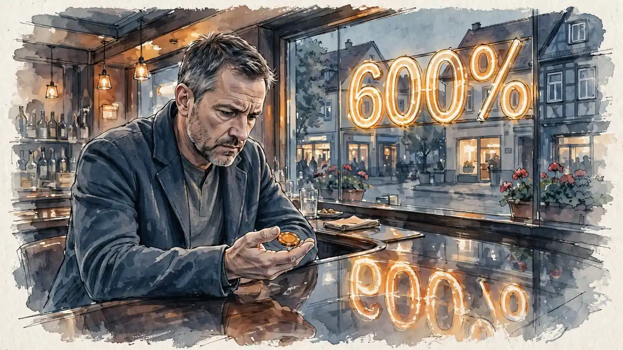 Nachdenklicher Mann an einer Spielbank-Bar betrachtet einen Chip unter einem Neonschild.