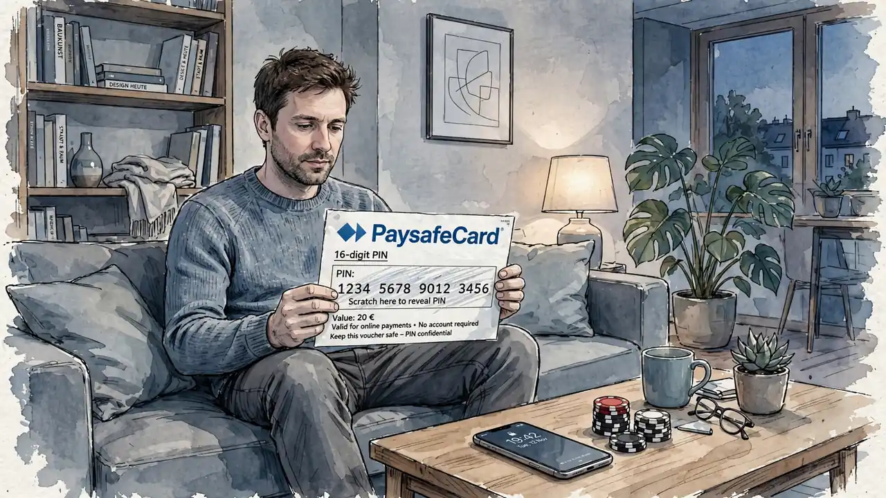 Person mit Paysafecard-Gutschein und Smartphone auf dem Sofa