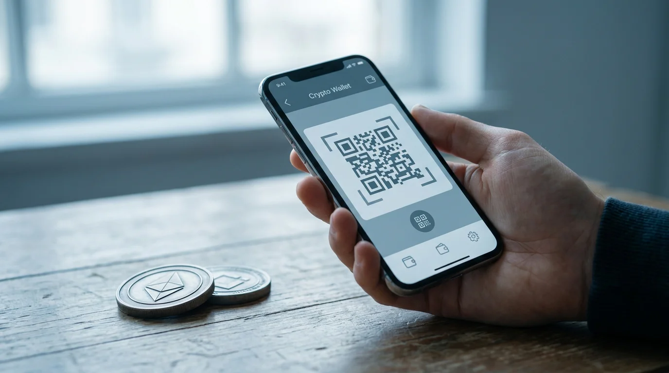 Smartphone mit Krypto-Wallet und symbolischen Münzen für Ein- und Auszahlung