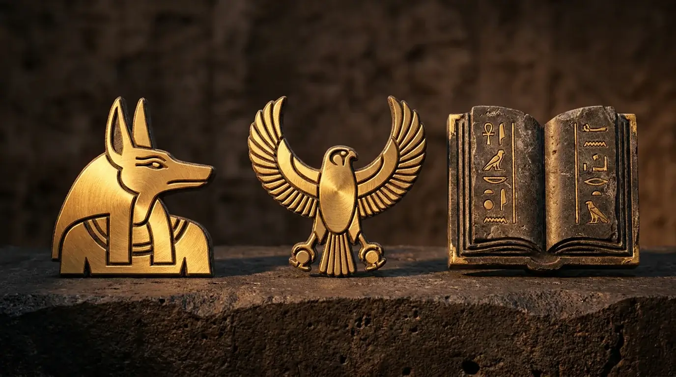 Ägyptische Walzensymbole und goldenes Buch aus dem Automatenspiel Legacy of Dead