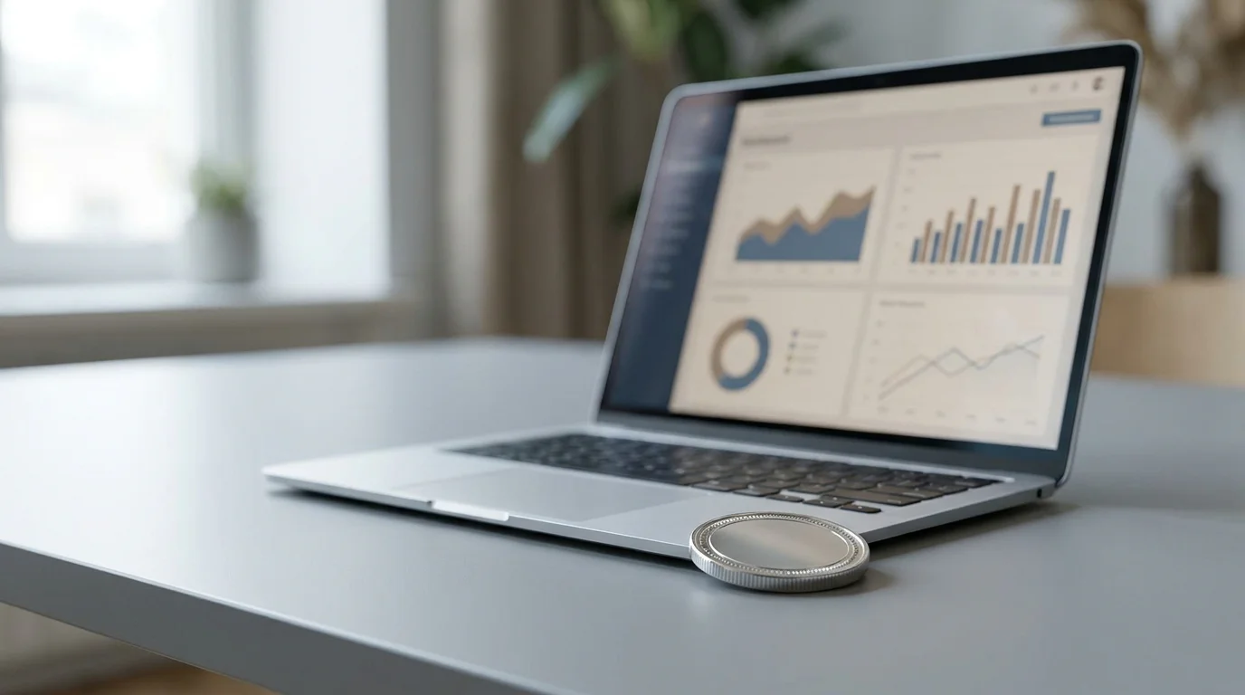 Silberne Krypto-Münze neben einem Laptop als Sinnbild für den Litecoin Casino Vergleich