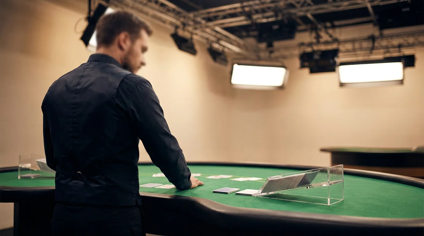 Live-Baccarat-Studio mit Croupier und Kartenschuh am Tisch