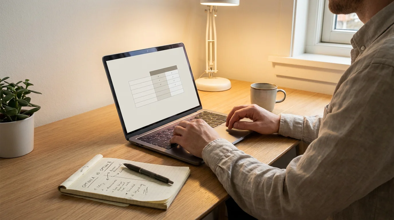 Person vergleicht Online-Casino-Anbieter am Laptop mit handschriftlichen Notizen