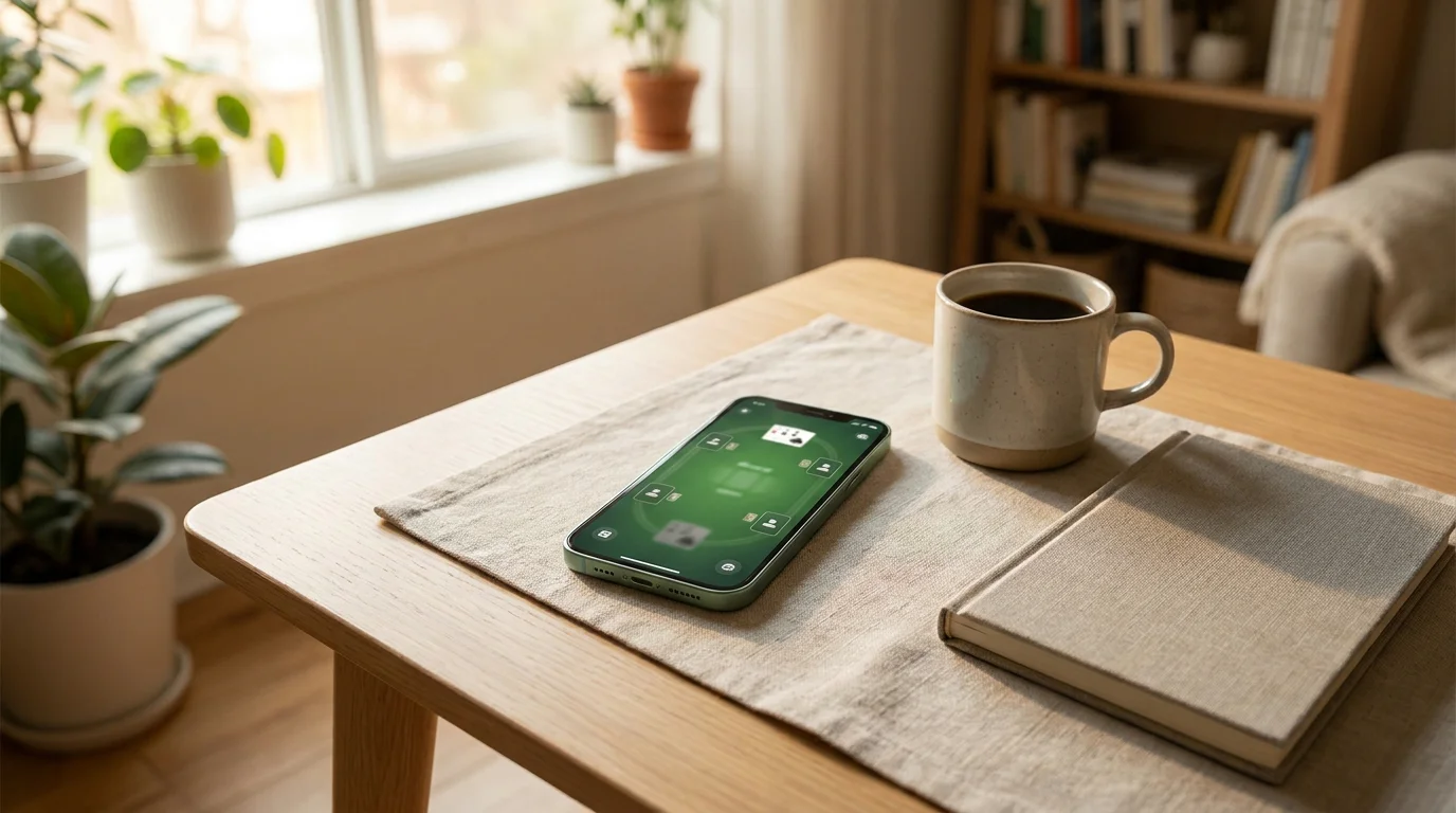 Smartphone mit laufendem Live-Blackjack-Tisch auf einem ruhigen Schreibtisch