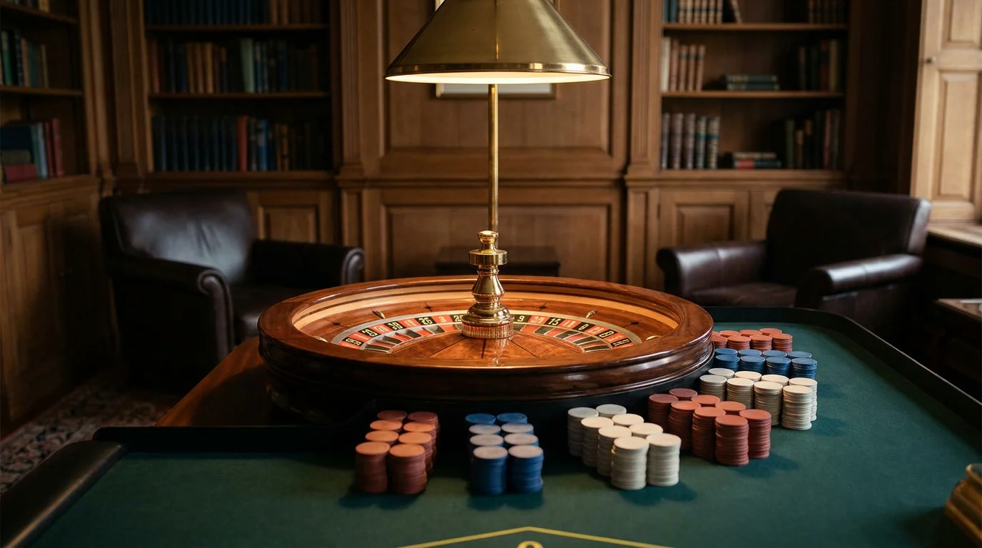Live-Casino-Tisch ohne Begrenzung mit Roulettekessel und neutralen Jetons