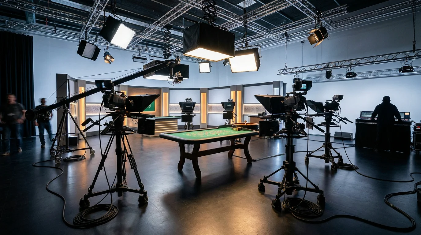 Live-Casino-Studio mit Kameras für die Echtzeit-Übertragung der Tische