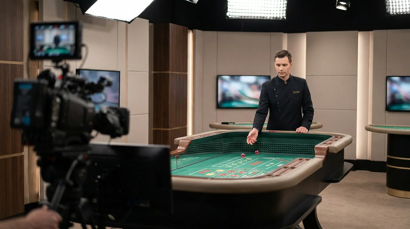 Live-Croupier an einem Craps-Tisch in einem hellen Übertragungsstudio