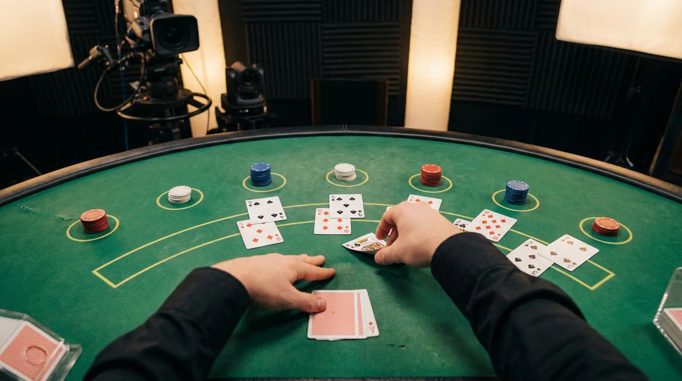 Blick von oben auf einen Live-Blackjack-Tisch mit ausgeteilten Karten und Spielmarken