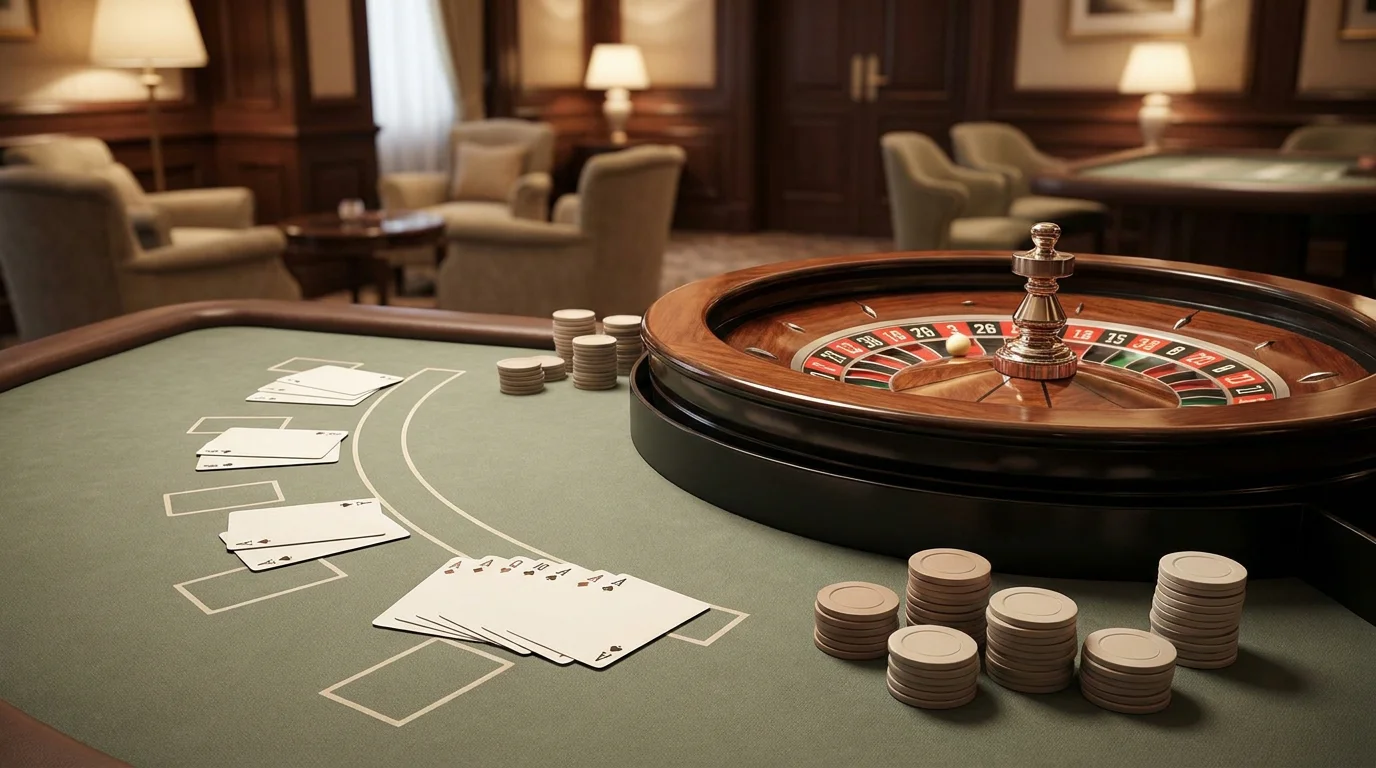 Live-Casino-Tischspiele mit Croupier: Roulettekessel und Kartentisch nebeneinander