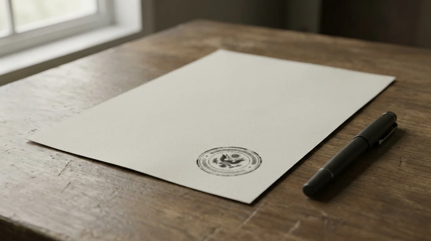 Amtliches Dokument mit Stempel als Symbol für Lizenz und Regulierung ohne erkennbares Wappen