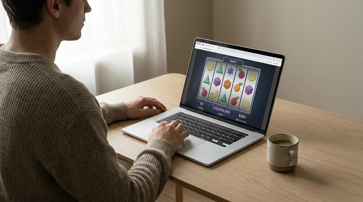 Person testet Merkur-Automaten als Gratis-Demo im Browser ohne Anmeldung