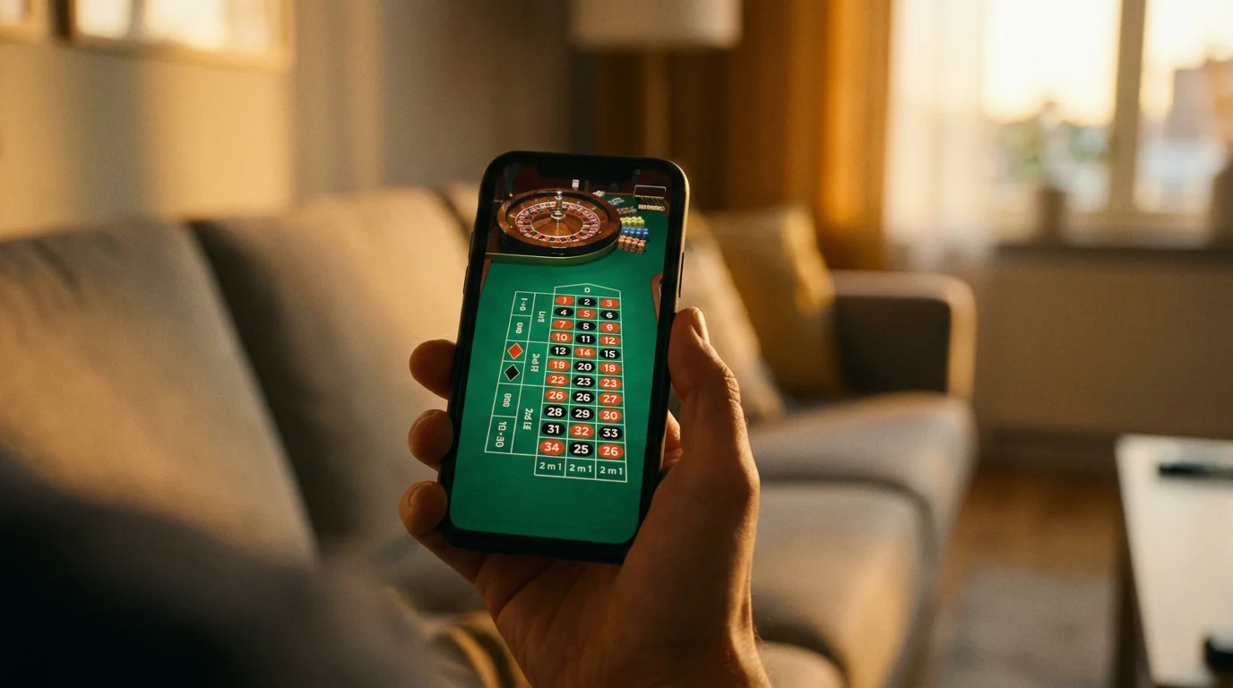 Mobiles Live-Roulette auf dem Smartphone im Wohnzimmer