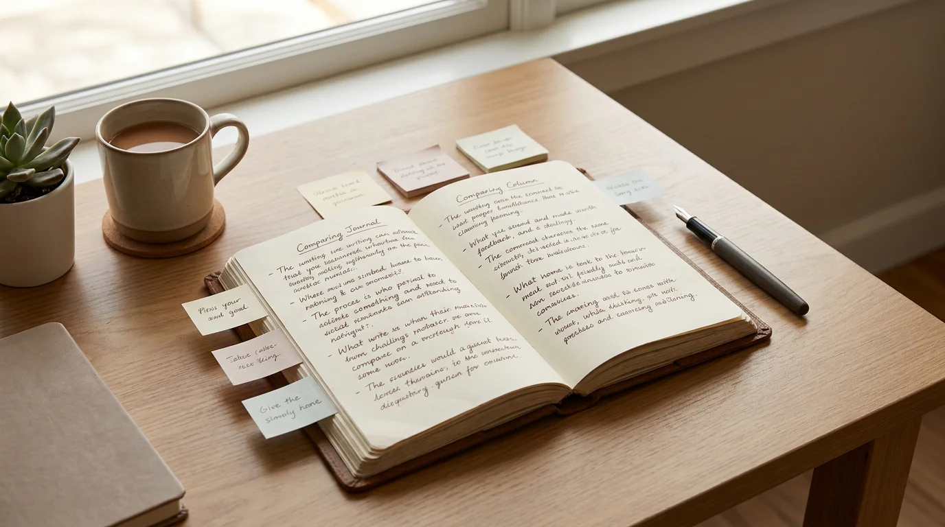 Schreibtisch mit aufgeklapptem Notizbuch und mehreren Anbieter-Notizen zum Vergleich
