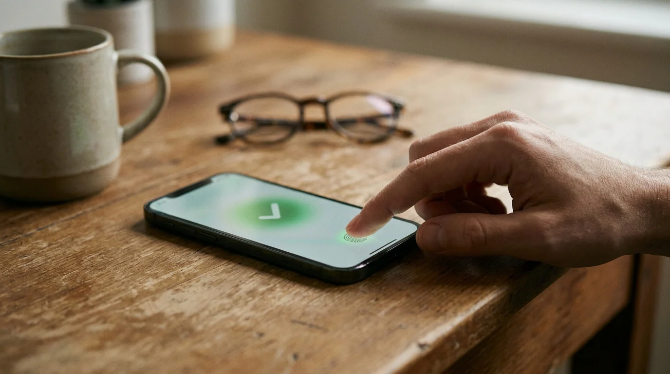 Nahaufnahme einer Hand, die eine Zahlung per Fingerabdruck auf dem Smartphone bestätigt