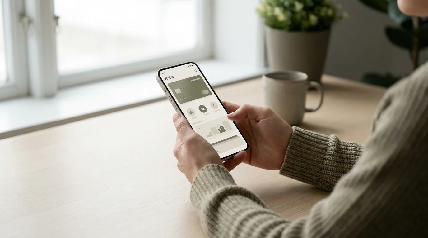 Person hält ein Smartphone mit neutraler Wallet-Ansicht über einem aufgeräumten Tisch