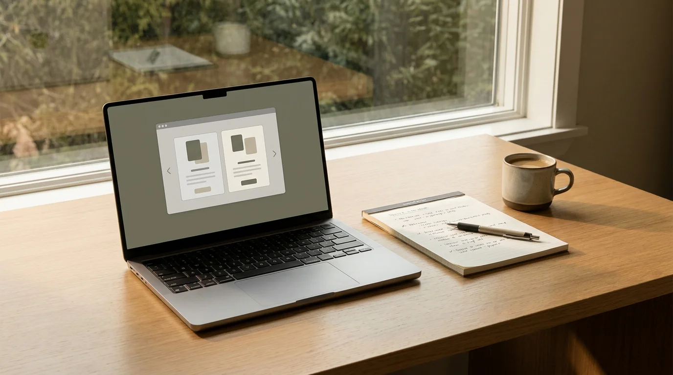Schreibtisch mit Laptop und Notizen beim Vergleich von Online-Casino-Anbietern