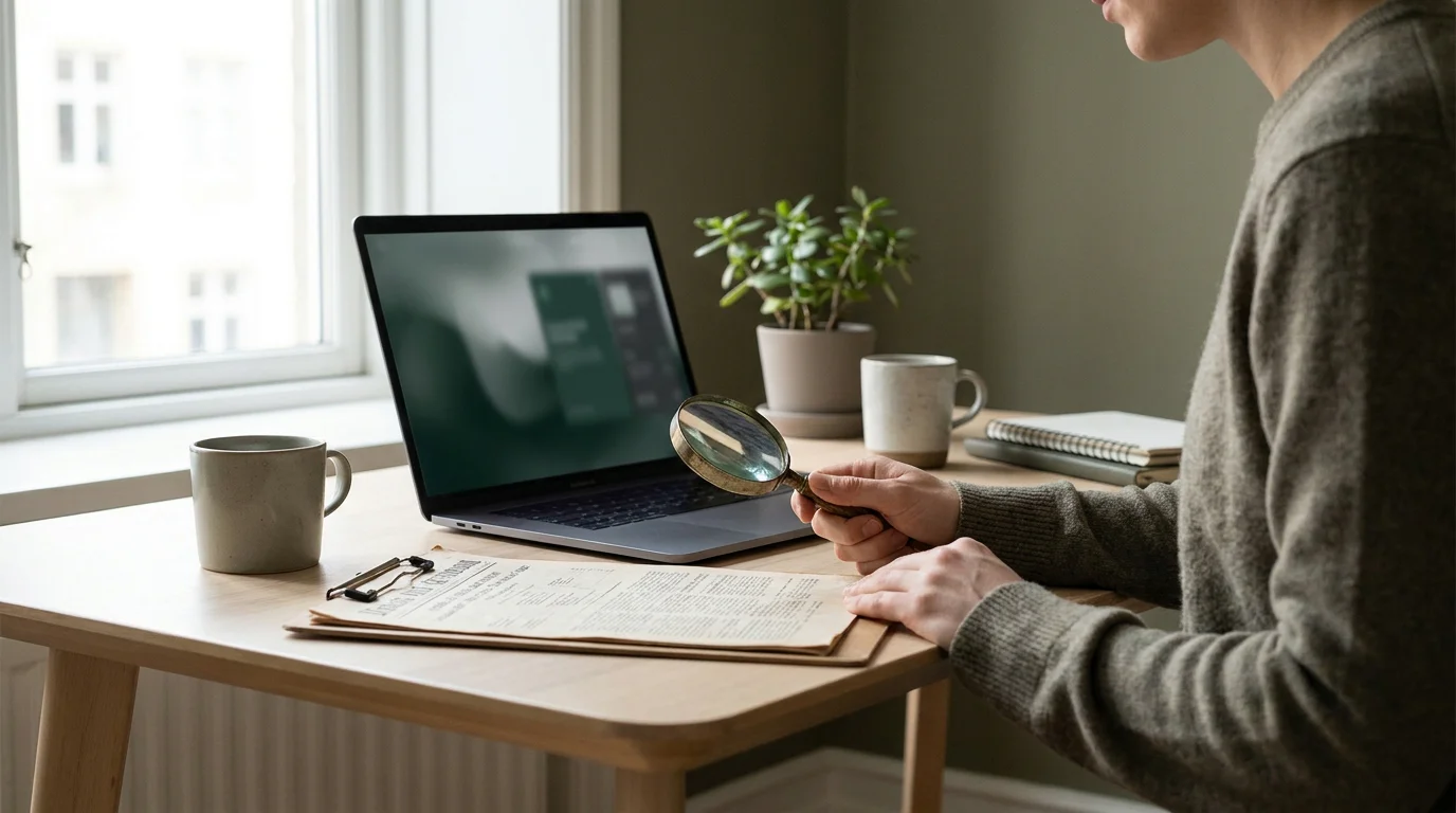 Spieler prüft die Bonusbedingungen eines Online Casinos am Laptop mit Lupe über dem Kleingedruckten