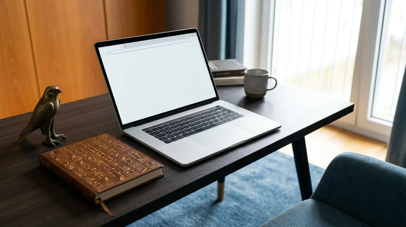 Schreibtisch mit Laptop und ägyptischen Motiven als Symbol für Online-Casino mit Eye of Horus