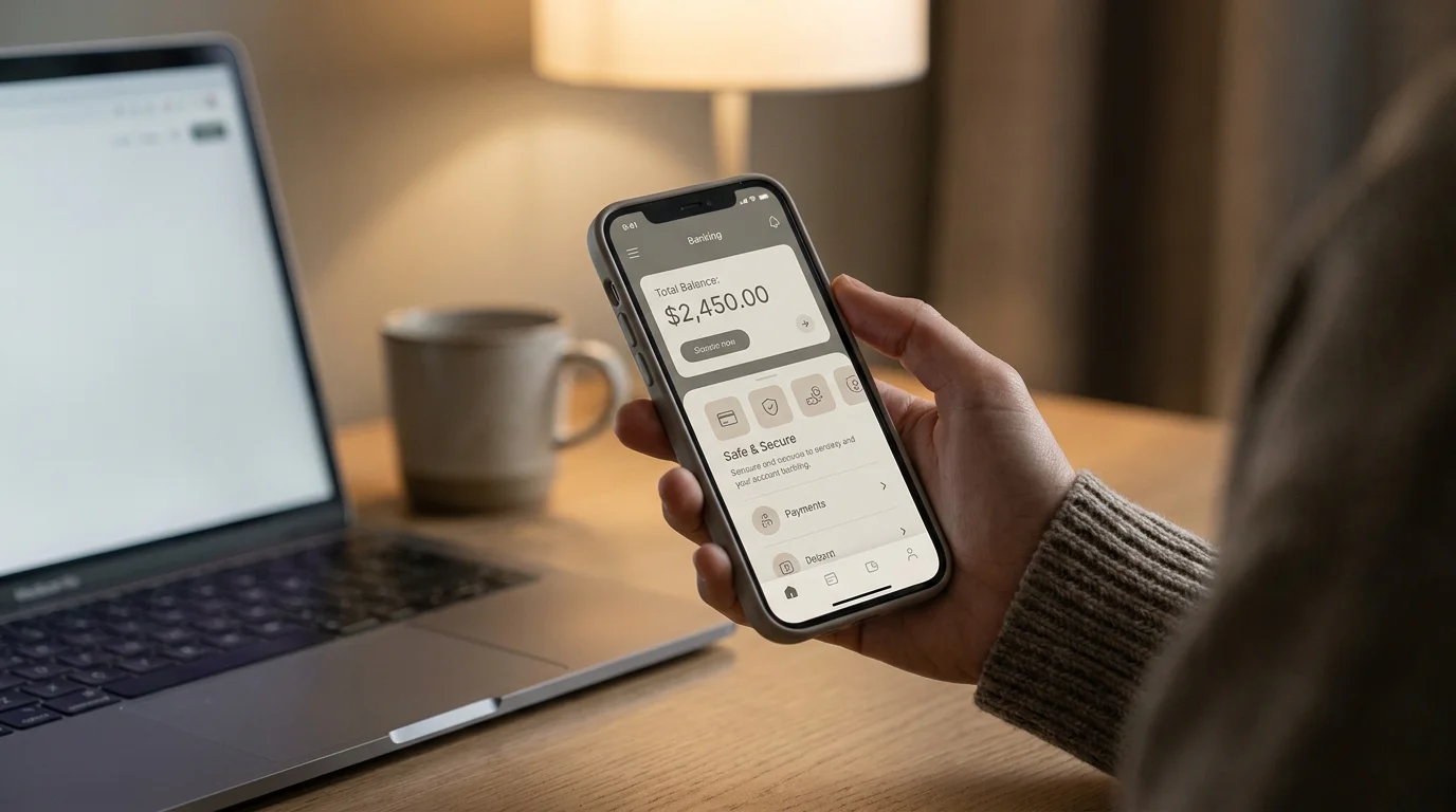 Smartphone mit neutraler Banking-Oberfläche neben einem Laptop auf dem Tisch