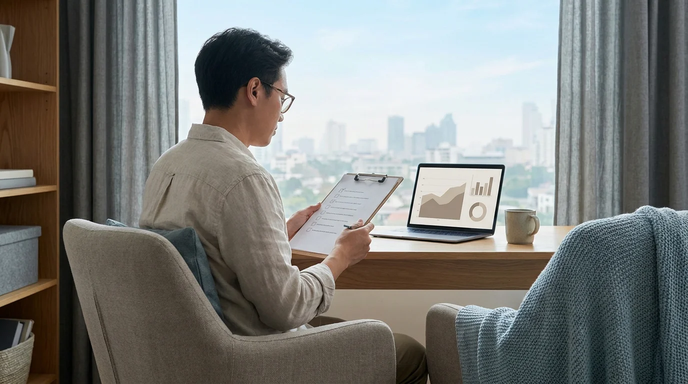 Aufgeräumter Arbeitsplatz mit einem Laptop, einem Notizzettel mit Anbieter-Kriterienliste und einer ruhigen Fensterlandschaft im Hintergrund
