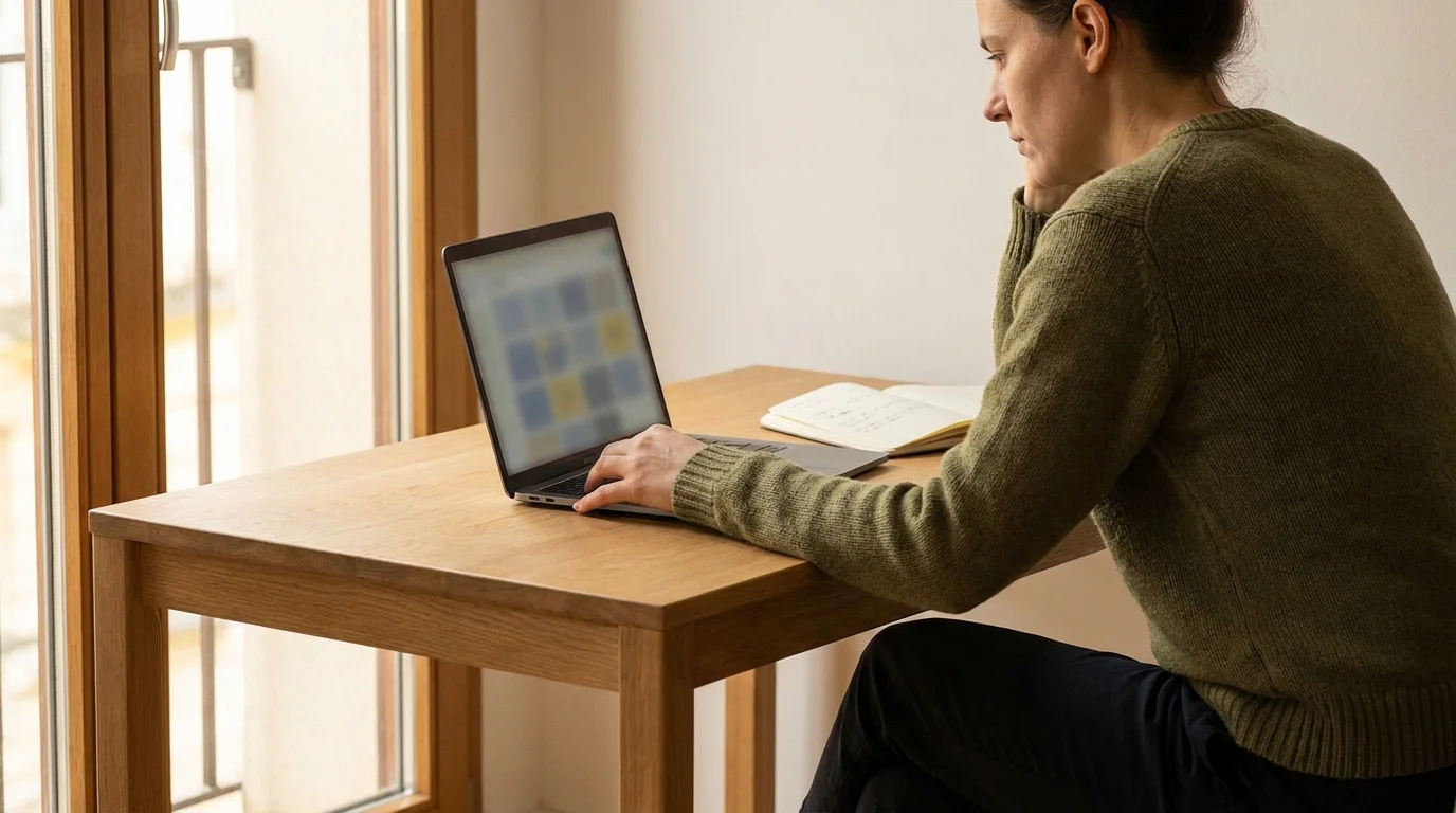 Person am Schreibtisch prüft konzentriert einen Anbieter am Laptop-Bildschirm
