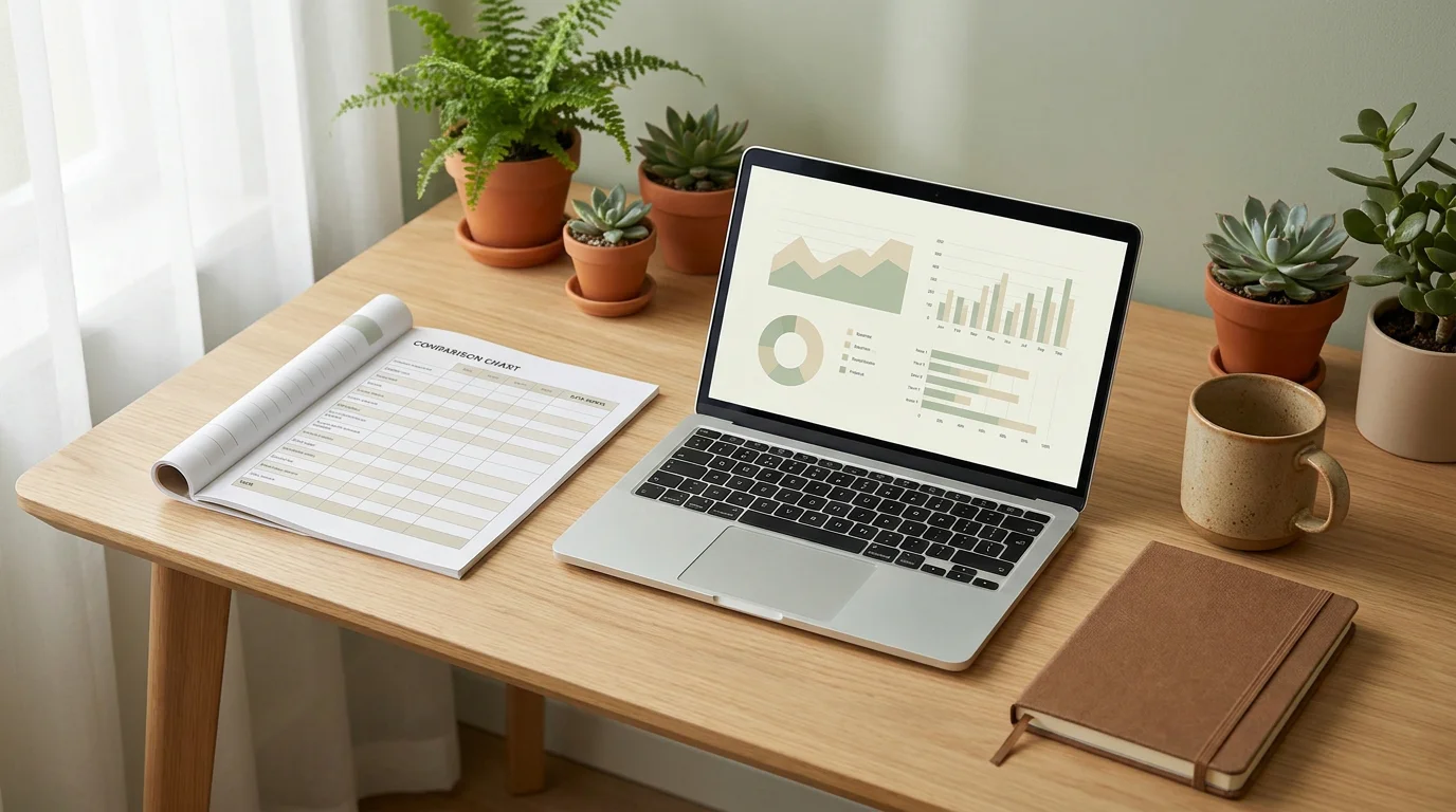 Aufgeräumter Schreibtisch mit einem Laptop und aufgeschlagenem Vergleichsblatt zu Slot-Anbietern in Deutschland