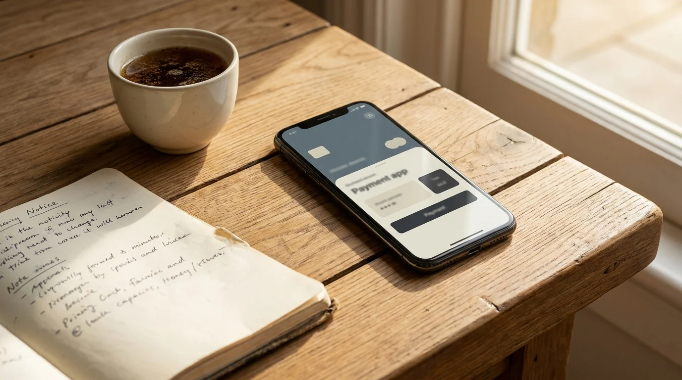 Smartphone mit generischer Zahlungsapp-Oberfläche neben einem aufgeschlagenen Notizbuch und einer Tasse Tee