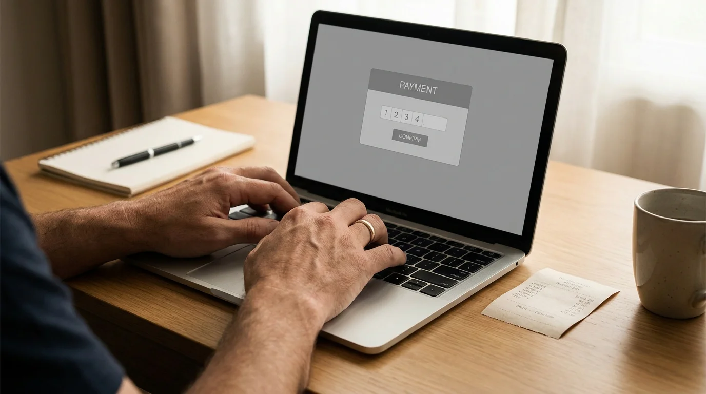 Hände geben einen Paysafecard-Code im Kassenbereich eines Online Casinos ein