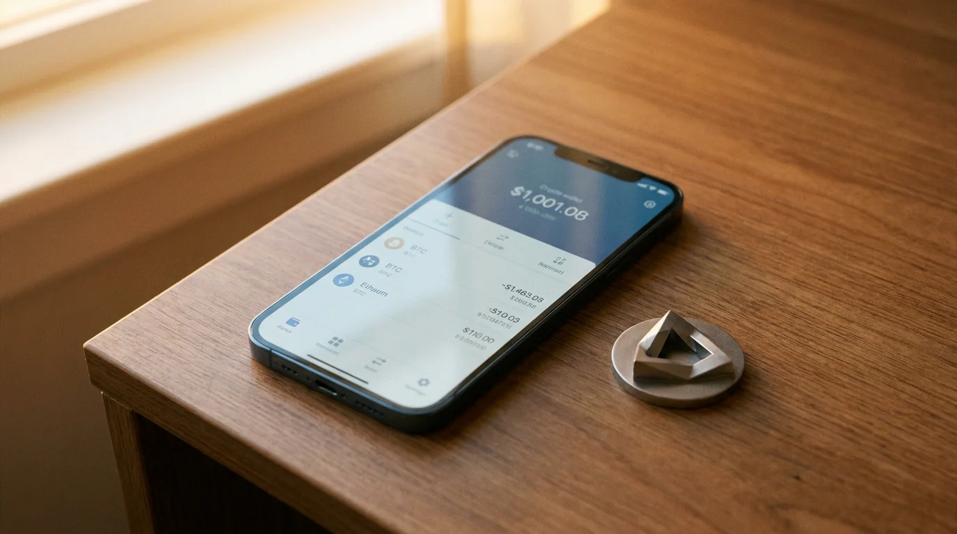 Smartphone mit Krypto-Wallet und abstrakten Münz-Symbolen für Bitcoin-Zahlungen im Plinko Casino