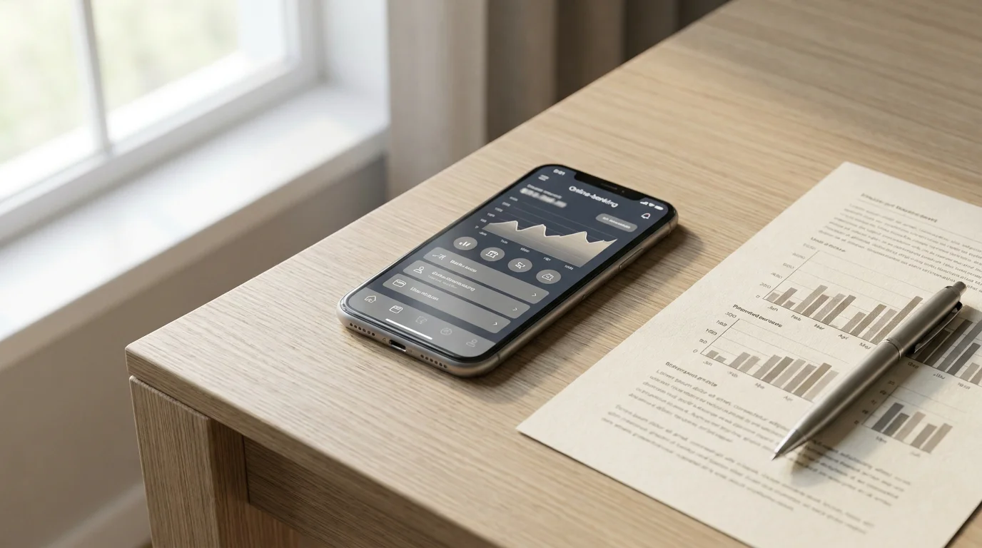 Rechnungsnahe Zahlungsalternativen: Smartphone mit Banking-App und Notizen