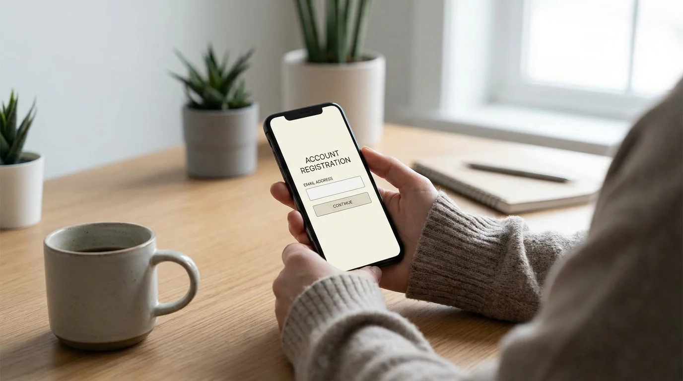 Smartphone mit Registrierungsformular und Bonuscode-Feld eines Casinos