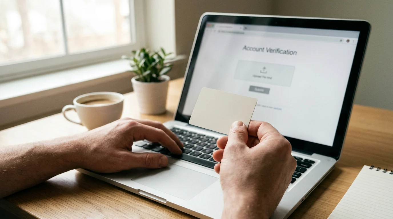 Spieler hält Ausweis neben Laptop zur Verifizierung im Online Casino