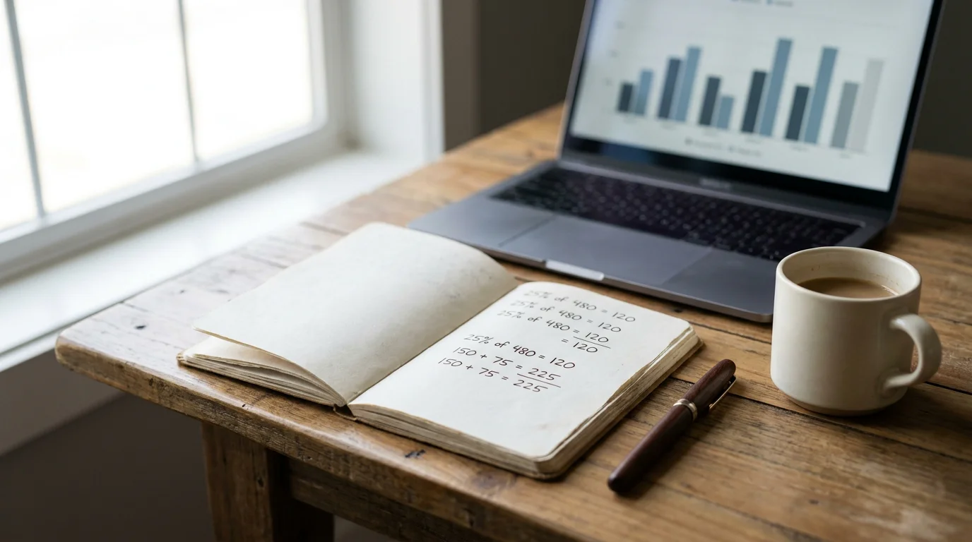 Aufgeschlagenes Notizbuch mit handschriftlicher Berechnung von Auszahlungsquoten und Einsatzsteuer neben einer Tasse Kaffee