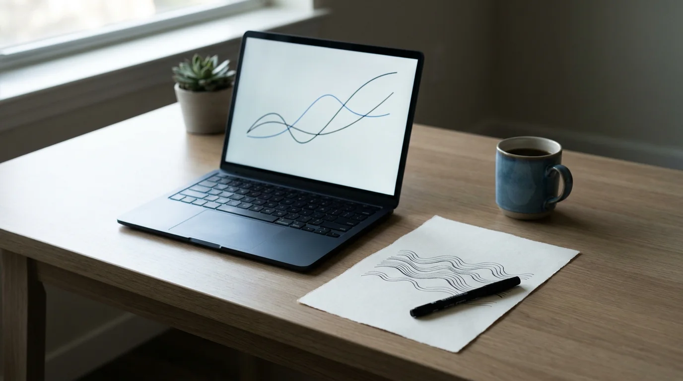 Analytik-Schreibtisch mit einer neutralen Diagrammlinie auf einem Laptop und Notizen