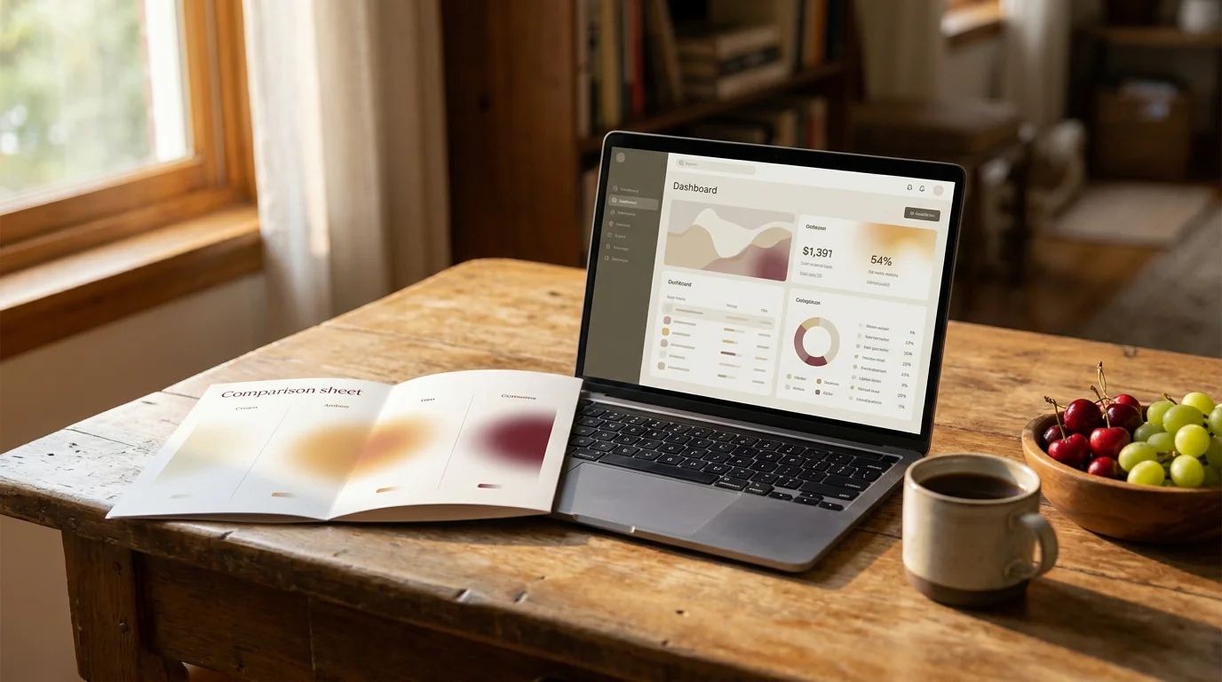 Redaktioneller Schreibtisch mit Laptop, Notizblock und stilisiertem Früchte-Motiv als Anspielung auf den Novoline-Klassiker Sizzling Hot