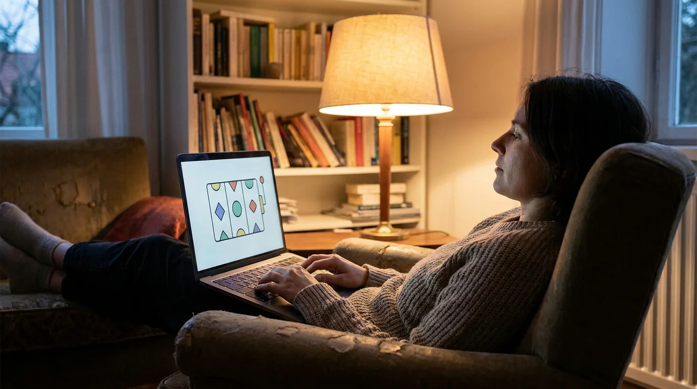 Person am Laptop an einem Spielautomaten mit generischen Walzen ohne Markenzeichen
