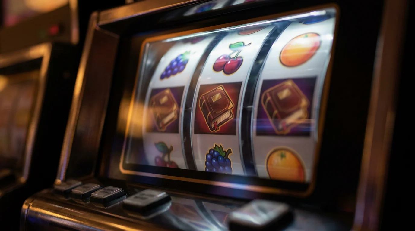 Spielautomaten-Walzen mit Buch-Symbolen für 50 Freispiele
