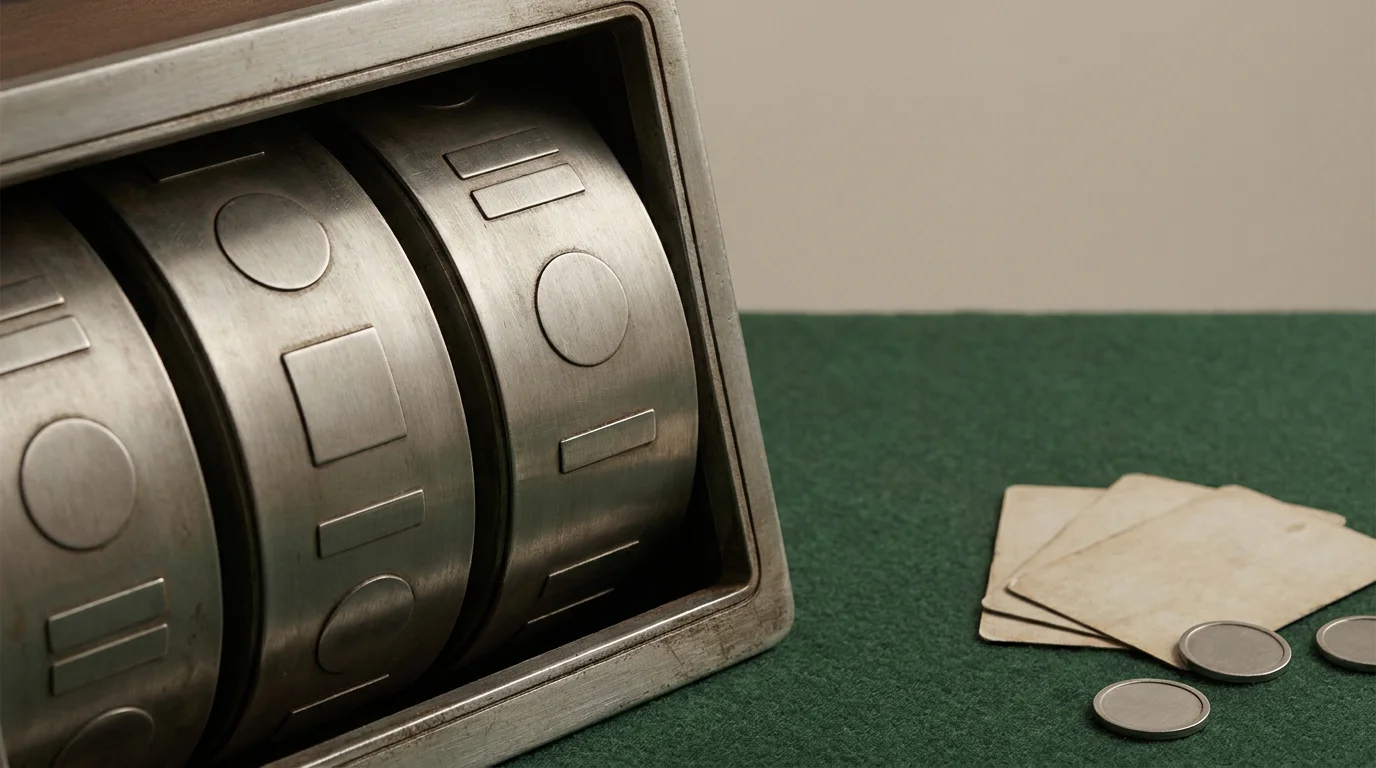 Symbolische Spielautomaten-Walzen neben grünem Spieltisch als Bild der Spielgewichtung