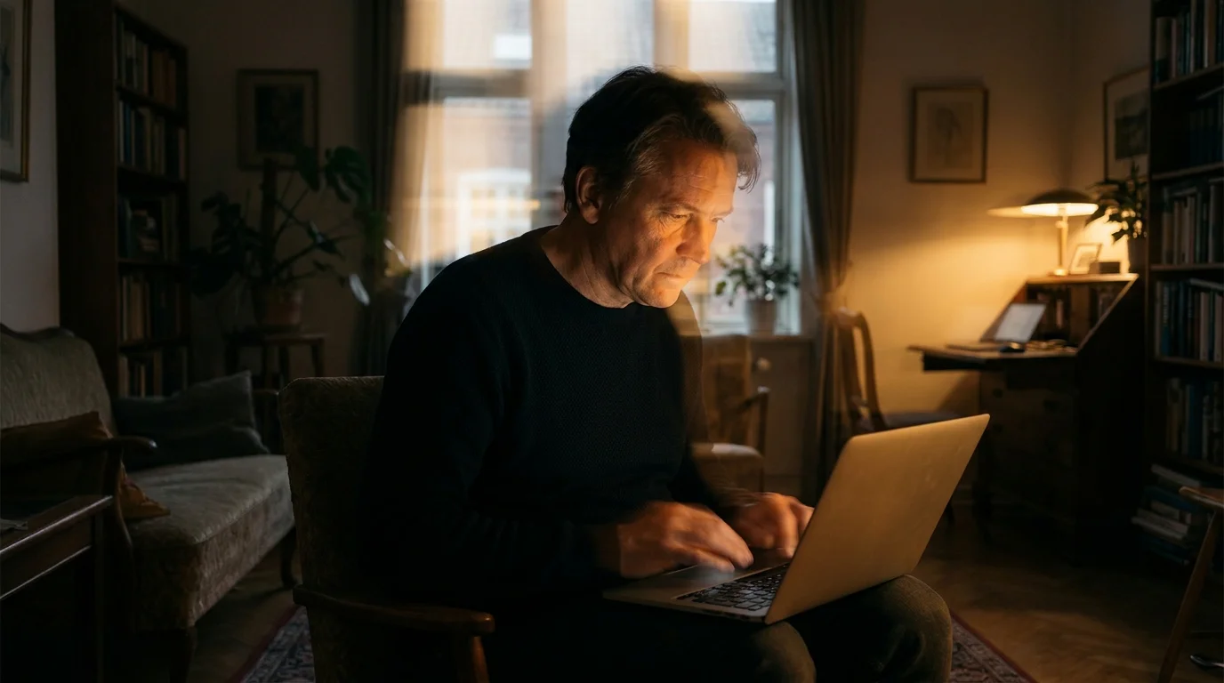 Person spielt konzentriert an einem Laptop ohne Unterbrechung zwischen den Runden