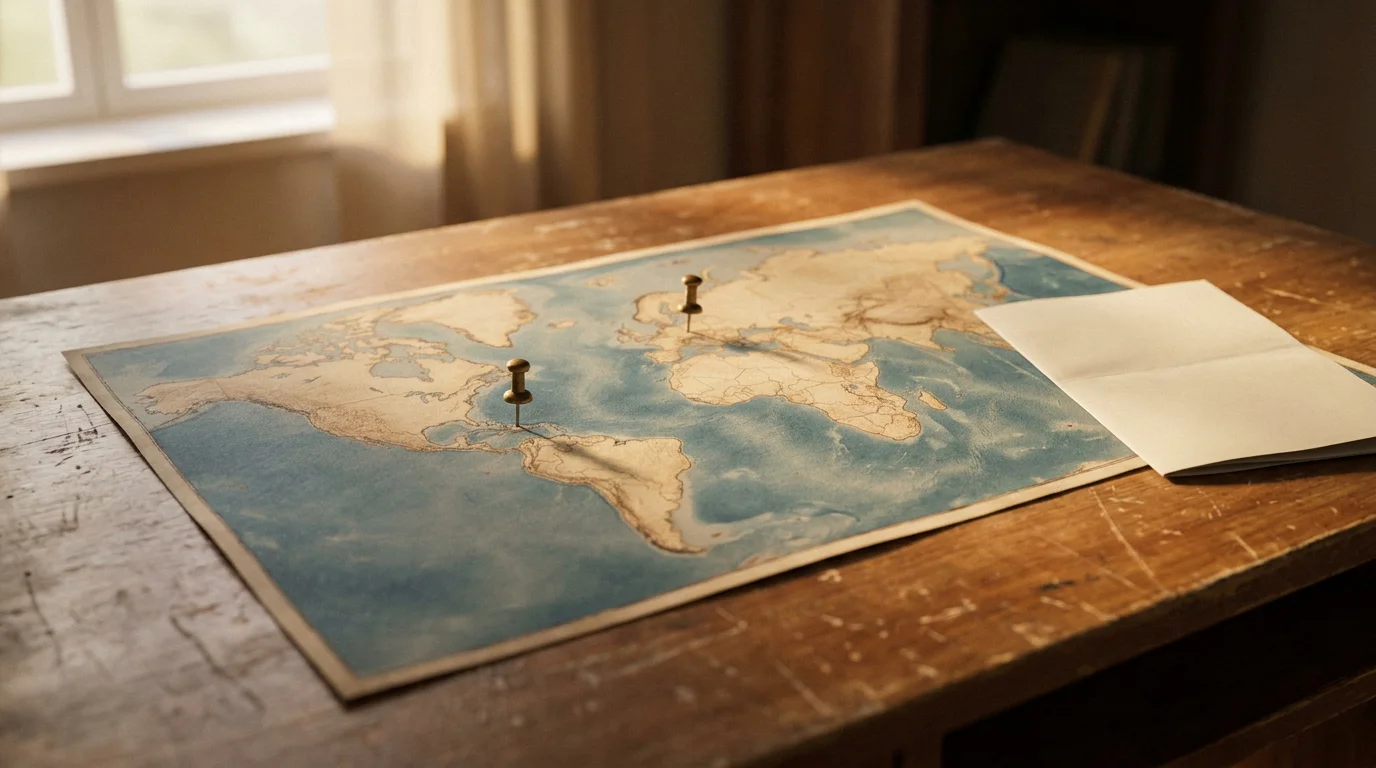Weltkarte auf einem Holztisch mit markierten Standorten Curaçao und Deutschland, danebengeführte Zulassungsunterlagen