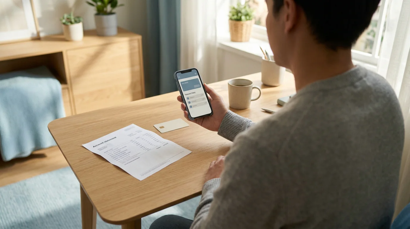 Person am Schreibtisch, die auf einem Smartphone einen KYC-Prozess durchläuft, daneben ein Ausweis und ein Kontoauszug