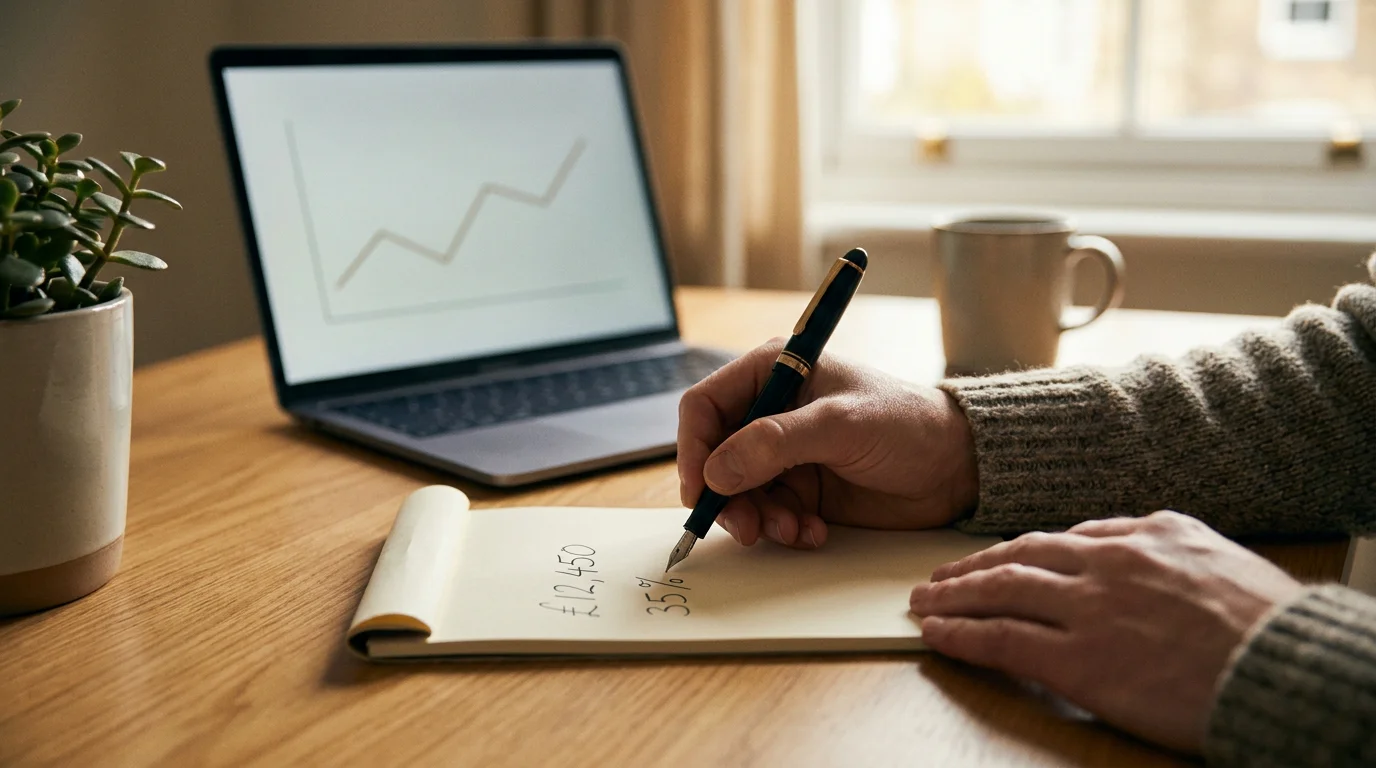 Person berechnet Umsatzbedingung mit Stift und Notizblock am Schreibtisch